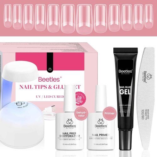 Beetles Gel Nail Kit Etch-X, Medium Square, 576pcs 12Size, with Nail Dehydrator and Primer, Solid Glue Mini Lamp, Half Matte Gel Nail Tips Acrylic Tips Easy DIY Extension Set Gift for Women