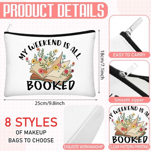 Cosblank 8 Pcs Book Club Gifts Book Lovers Makeup Bag Gifts for Women Cosmetic Bag with Zipper Pouch for Teen Adult Women Lovers Librarian Bookish Club Gifts(Book,Flower)