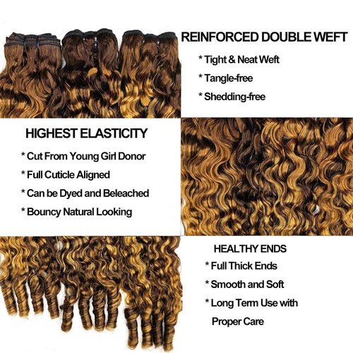 Highlight Honey Blonde Ombre Human Hair Bundles Burmese Curly Bundles Human Hair Ombre Highlight Water Wave 1 Bundle 18 Inches Quick Weave with Spiral End 3c4a for Black Women 4/27
