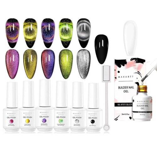 Makartt Gel Nail Polish Magnetic Cat Eye 9D Black Hole Gel Nail Polish Bundle Builder Nail Gel 15ml 5 in 1 Multifunctional Clear Gel Nail Polish