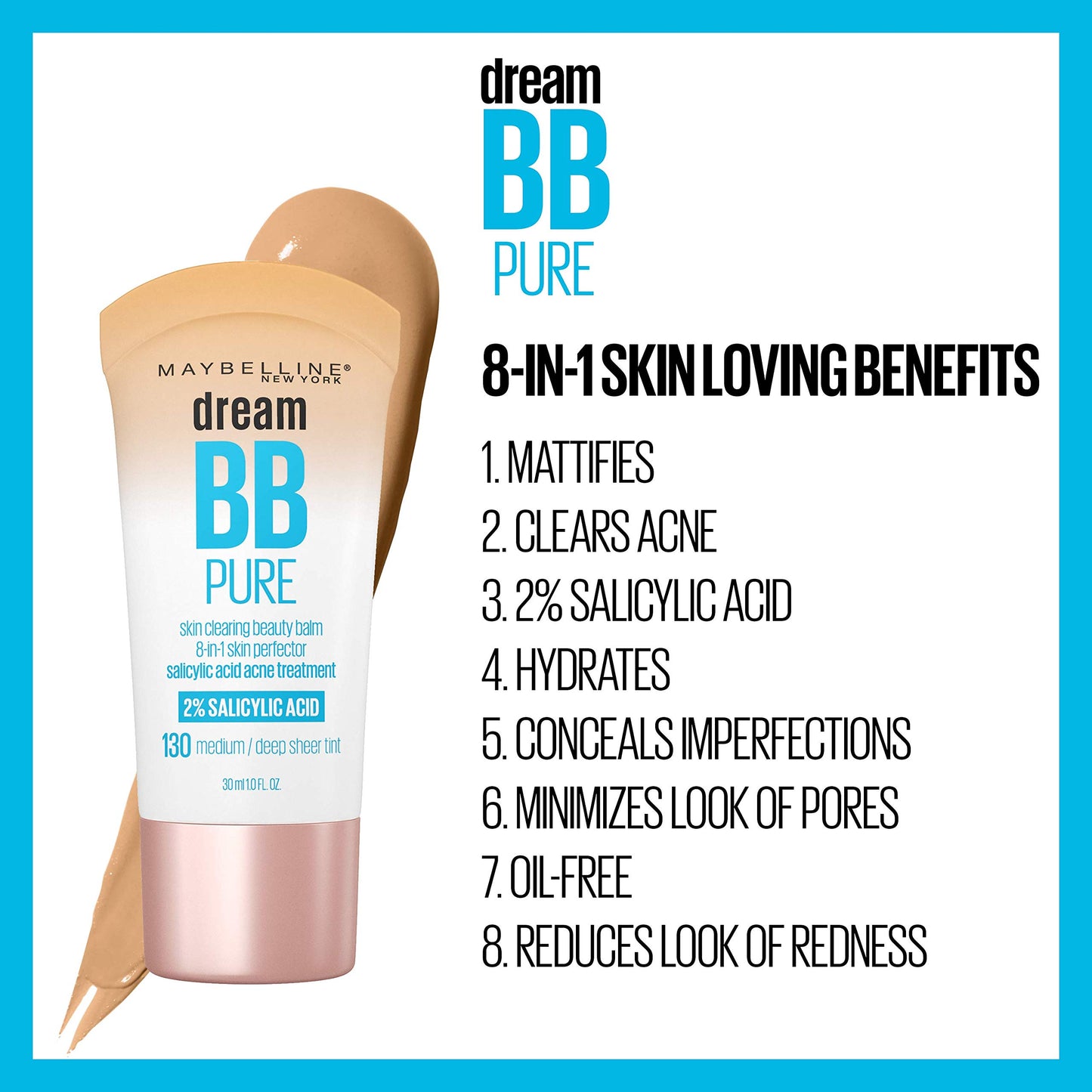 Maybelline Dream Pure Skin Clearing BB Cream, 8-in-1 Skin Perfecting Beauty Balm With 2% Salicylic Acid, Sheer Tint Coverage, Oil-Free, Medium, 1 Count