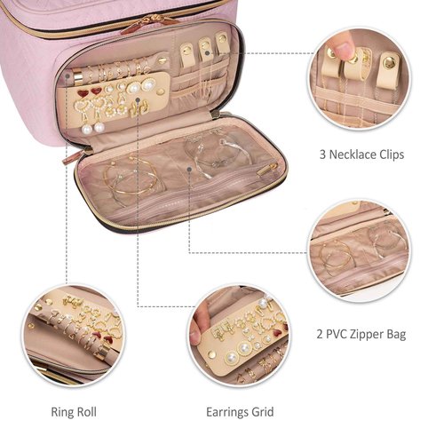 TBTOTRA Travel Makeup Bag with Jewelry Organizer, Large Cosmetic Case, Waterproof Toiletry Bag for Cosmetics, Brushes, and Tools, Pink