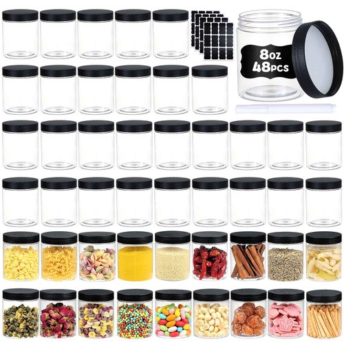 sietpoek 48 PCS 8 OZ Plastic Jars with Screw On Lids,Labels Refillable Empty Round Slime Containers for Storing Dry Food, Honey Jam, Cream, Butter, Lotion, black