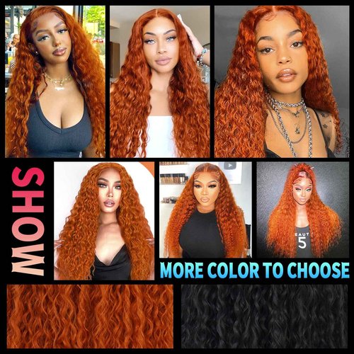 Phyoung 32 inch Ginger Long Curly Lace Front Wigs for Black Women Glueless Curly Synthetic Wigs Orange Ginger Synthetic Wigs Long Ginger Wig Middle Part Wigs Loose Curly Wig