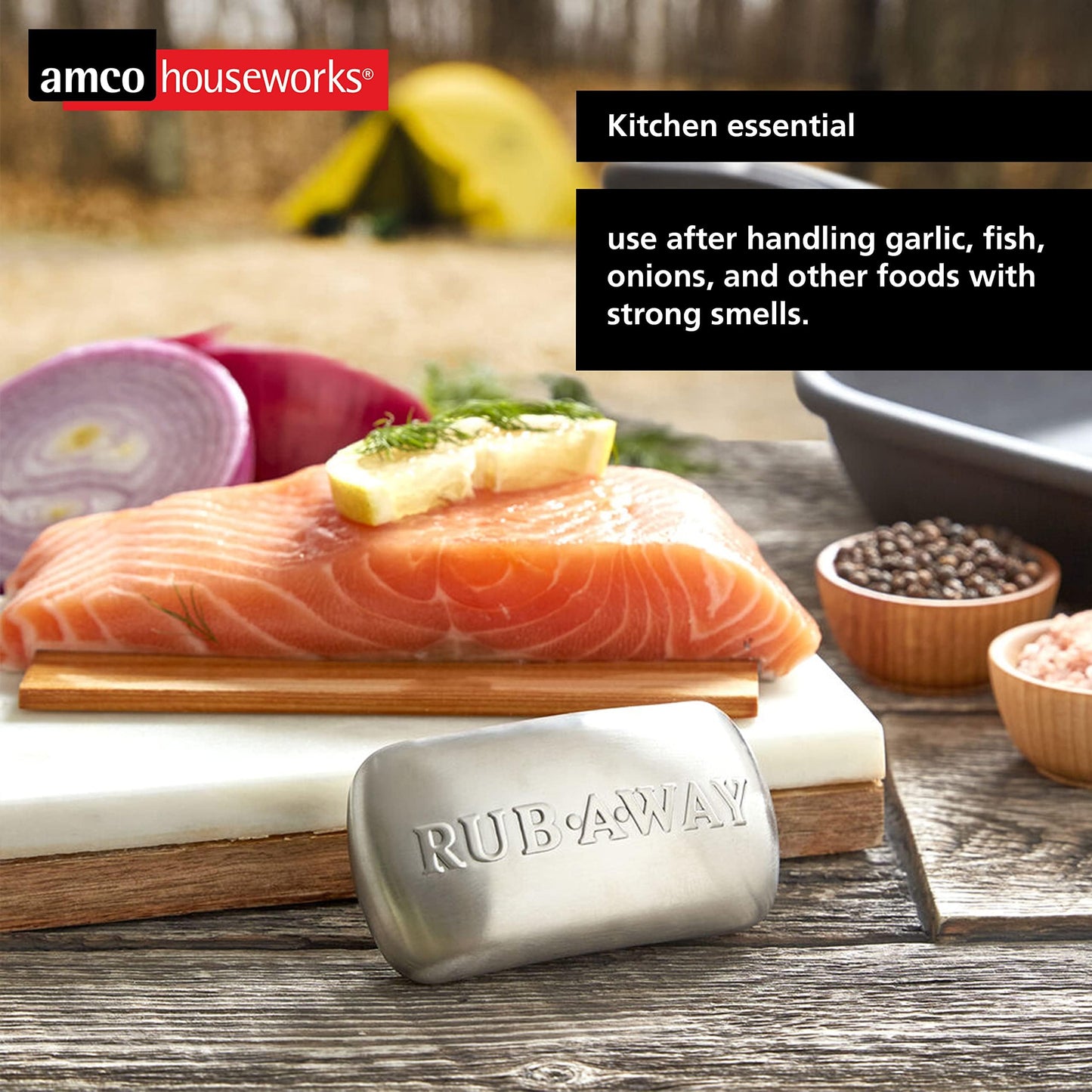 Amco Rub-a-Way Bar | Stainless Steel Odor Absorber | 4" x 2.25" | Dishwasher Safe | Kitchen & Outdoor Essential for Garlic, Onion, Fishing, and Hiking Odors