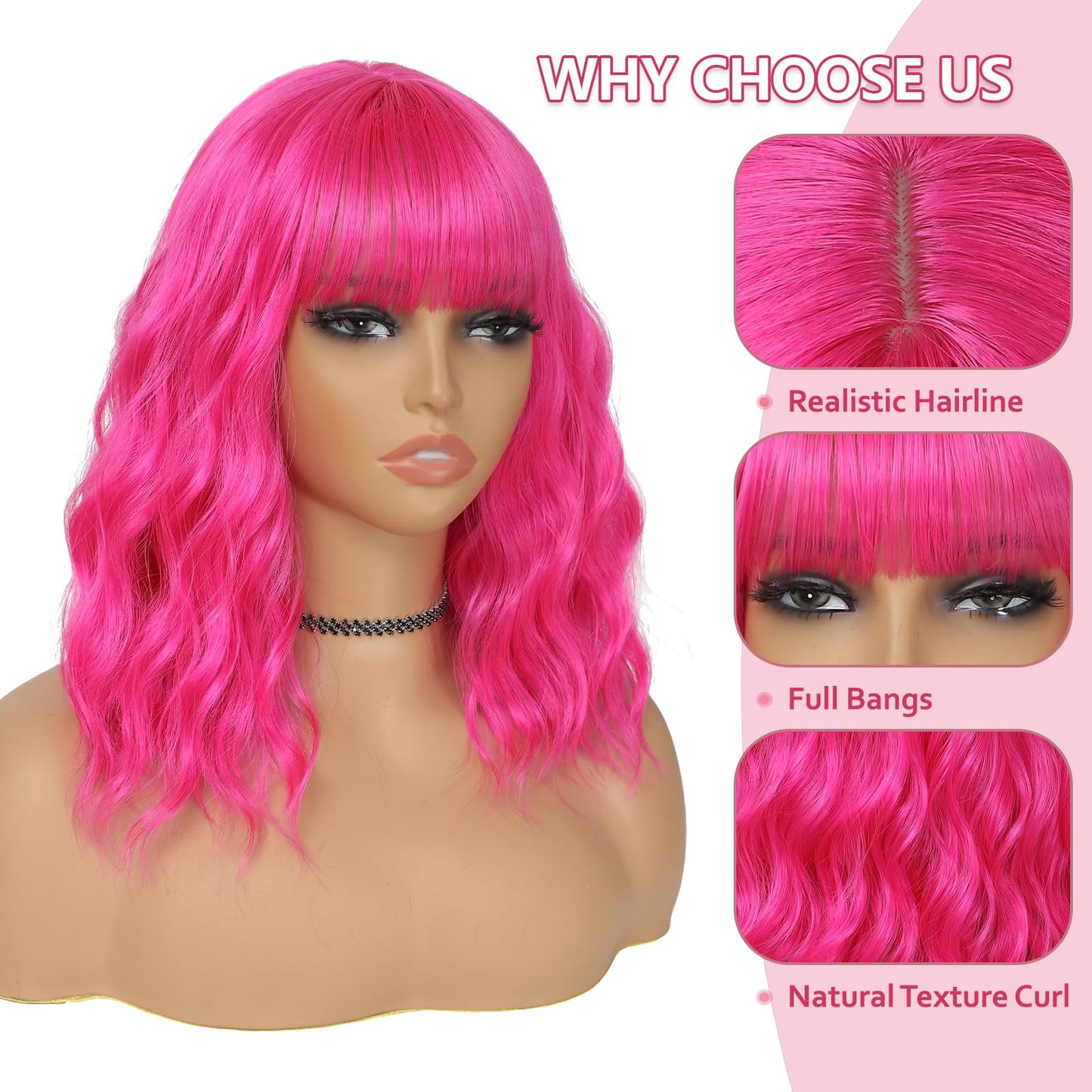 BEAUTIFA Pink Wig with Bangs for Women 14 Inch Shoulder Length Hot Pink Wigs Short Bob Wavy Curly Wig Heat Resistant Synthetic Colorful Wig