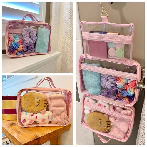 Greaciary Clear Toiletry bag with Hanging hook,Water-resistant cosmetic makeup bag transparent Organizer for women men,Carry on Travel accessories essentials,Pink (Pink)