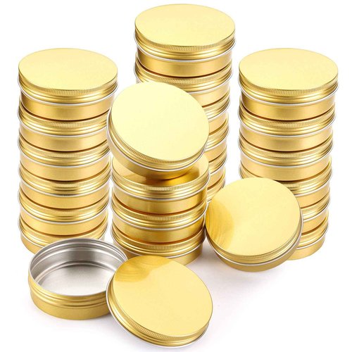 Foraineam 24 Pack 2 oz Round Aluminum Lip Balm Tin Cans with Screw Top Lids - Golden Cosmetic Sample Containers - Metal Empty Tins Travel Storage Tin Jars for Salve, Spice or Crafts