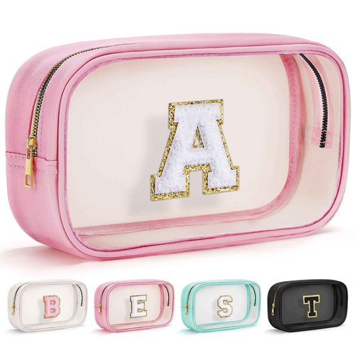 YOOLIFE Christmas Gifts For Teenage Girls Stocking Stuffers For Teen Girls Teacher Gifts Initial Clear Makeup Bag Birthday Gift Travel Toiletry Cosmetic Bags Birthday Gift Travel Essentials Pink A