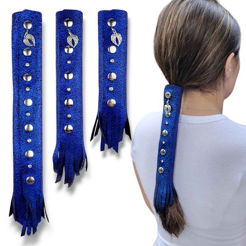BLUE Glitter Leather Hair Wrap 6" inch to 22" - Handmade Ponytail Sleeve Long Hair Protector Frizz Saver | Colorful Bike Hair Tie Motorcycle Helmet Accessory Fringe & Crystals Made in USA (8 inch)