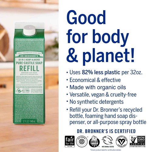 Dr. Bronner's - Pure-Castile Liquid Soap Refill, 82% Less Plastic per Quart, Made with Organic Oils, 18-in-1 Uses, For Face, Body, Hand Soap Refill, Hair, Laundry, Pets & Dishes (32oz, Almond)