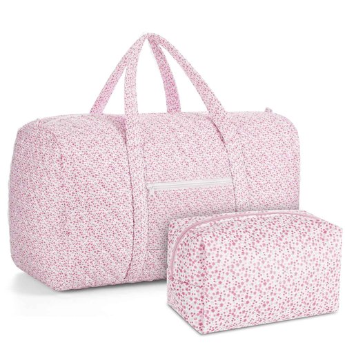 Bulyoou 2 Pack Floral Travel Duffel Bag Large Quilted Travel Duffle Bag and Pink Floral Makeup Pouch Portable Gym Lightweight Weekender Organizer with Zipper Pockets Grocery Pouch for Women