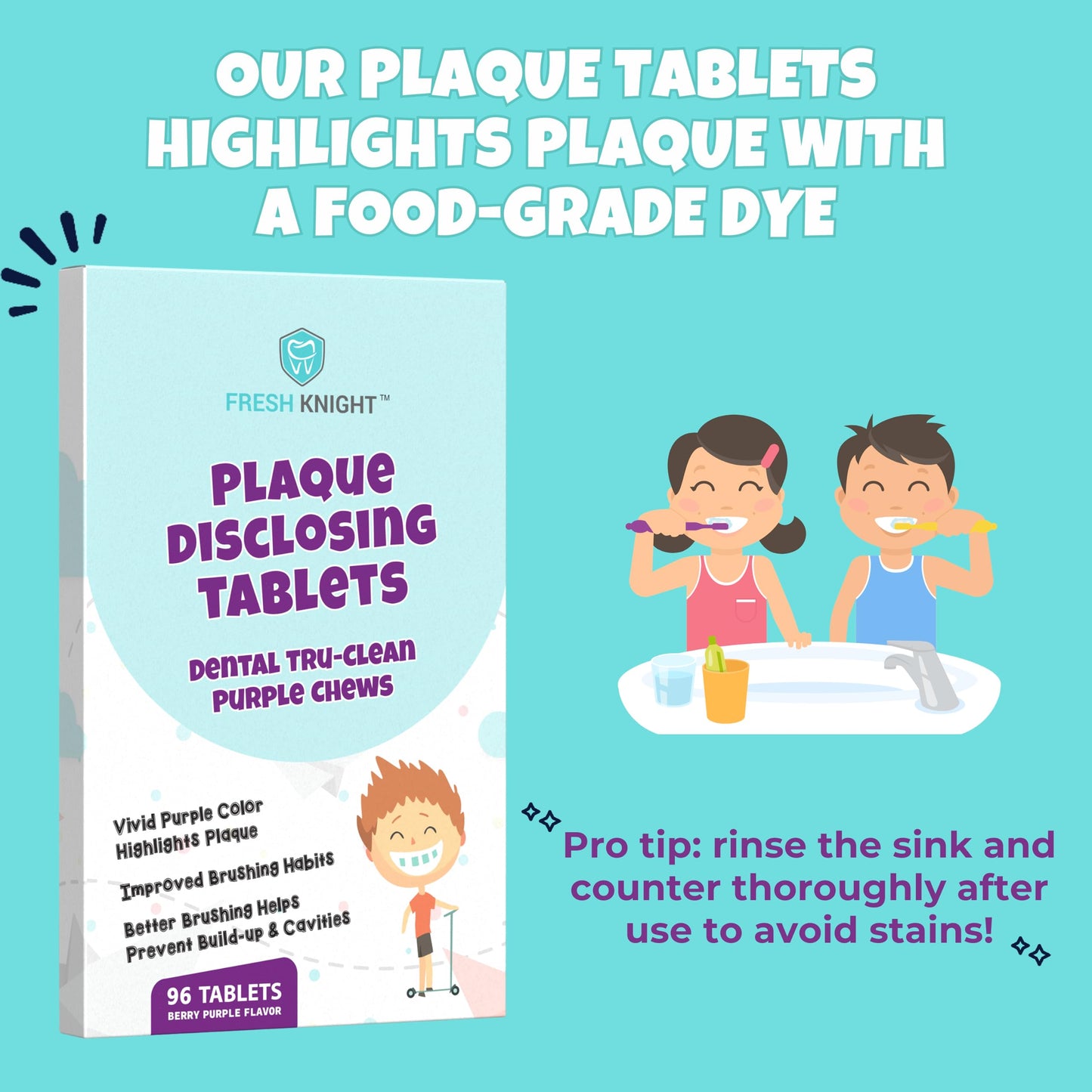 96 Count, Plaque Dental Disclosing Tablets for Kids or Adults, Shows Plaque, Helps Teach Brushing Habits for Clean Teeth, by Fresh Knight, Pack of (1)