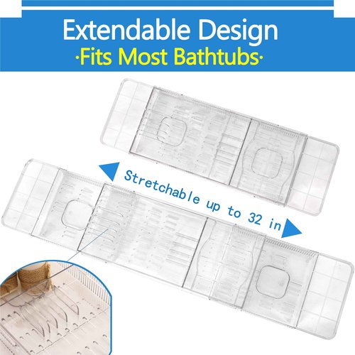 Baosia Expandable Bathtub Tray,Clear Plastic Anti-Slip Bath Tub Shelf Caddy Tray,Luxury Bathtub & Bathroom Accessories for Relaxing Spa,Suitable for bathtubs with an Internal Width of up to 29.5 inch