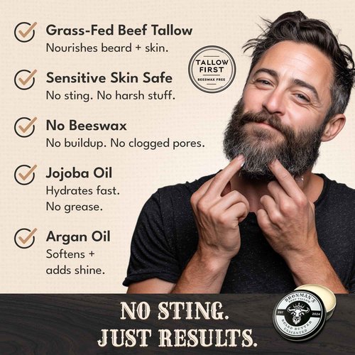 Bronmans Beef Tallow Beard Butter for Men - 4oz - Hydrating Unscented Beard and Skin Balm with Shea Butter - Deeply Moisturizing Tallow