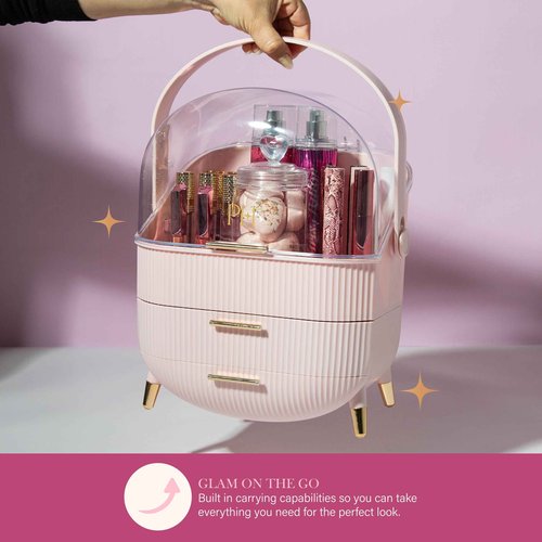 Paris Hilton Makeup Storage Organizer with Lid, Cosmetics and Skincare Organizer for Vanity, Portable Makeup Storage Box for Countertop, Fluted Design with Gold Accents, Pink