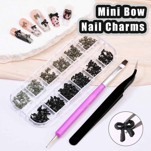 1 Box Black Mini Bow Nail Charms,3D Resin Bows Charms Cute Flat Back Nail Bow Tiny Bowknot with Pickup Tools for Women Nail Decoration Crafts DIY