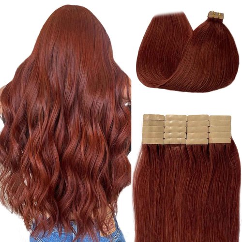 Munx Real Hair Extension Dark Auburn Tape in Human Hair Extension 18inch 20pcs 40g Tape in Remy Silky Straight Natural Hair Extensions