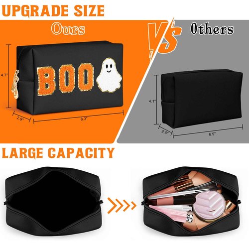Dripkiaa Halloween Makeup Bag Chenille Patch Travel Cosmetic Bag Organizer Large Capacity Toiletry Bag Make Up Bags Cosmetic Pouch, Boo Basket Gifts for Women, Girls - Black