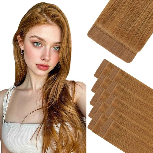 HOTBANANA Invisi Edge Tape in Hair Extensions Human Hair, 10inch 30g 10pcs Invisible & 10pcs Classic Auburn Ginger Seamless Tape in Hair Extensions Straight Injected