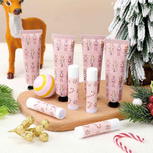 Dansib 24 Sets Christmas Pink Nutcracker Hand Cream and Candy Lip Balm Gift Christmas Party Favors Travel Size Hand Lotion and Lip Balm Bulk Wedding Bridal Baby Shower Party Supplies for Guest