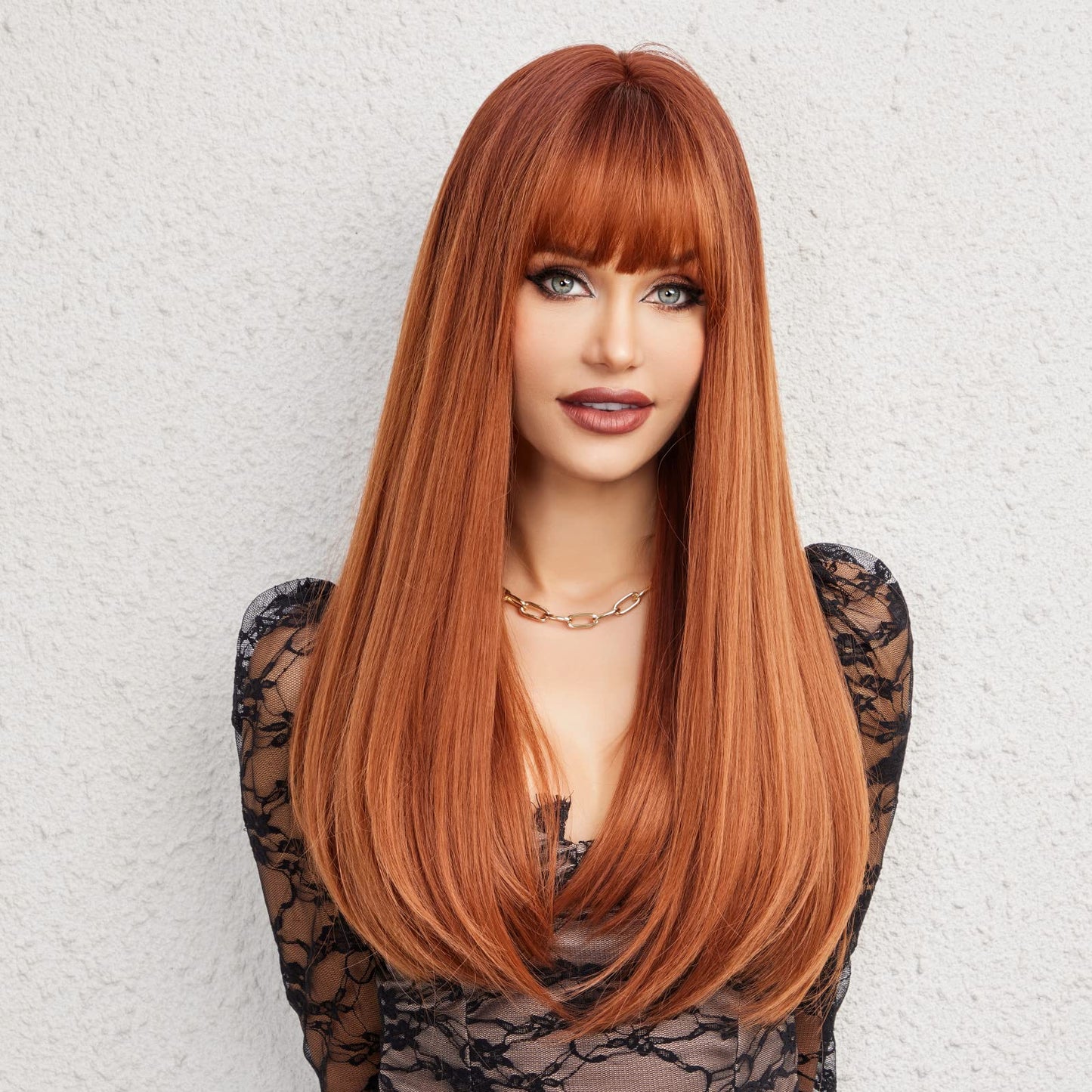 HAIRCUBE Auburn Wig with Bangs Long Hair With Bangs Red Hair Natural Appearance Heat-Resistant Synthetic Wig Daily Play Party Suitable For Fashionable Women 26 Inches