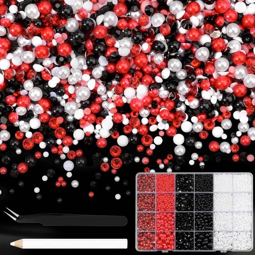 NACHLYNN 10000 Pcs Red White Black Rhinestones and Pearls 3-8mm Half Pearl Bead Resin Rhinestones Kits Comes with Jewelry Pen and Tweezers Suitable for Nail Art Clothing Handmade DIY Decoration