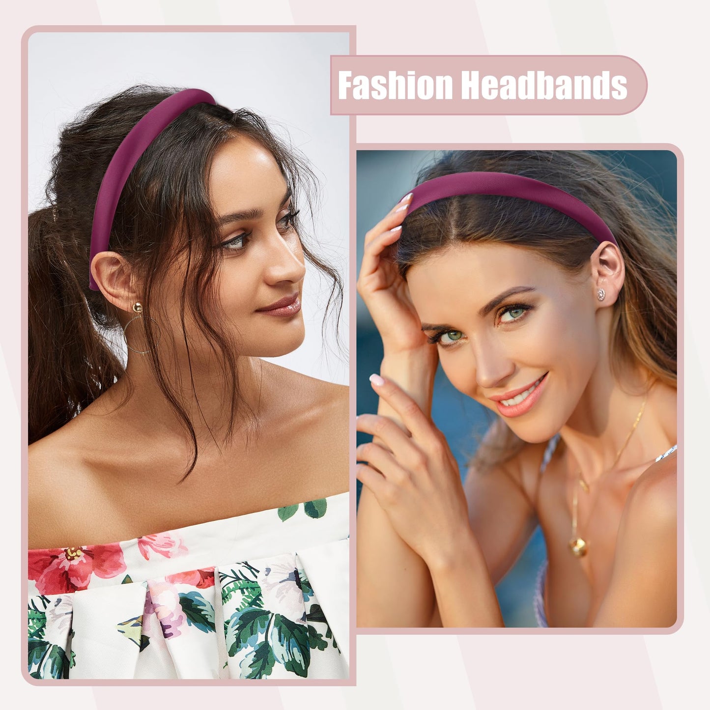 VOCOSTE 2 Pcs Solid Simple Silk Headbands, Fashion Hair Hoop for Women, Anti Slip Hair Accessories, Light Pink, Rose Purple, 0.59" Wide