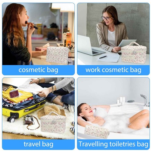 3 Piece Floral Quilted Makeup Bag, Large Capacity Travel Cosmetic Bag for Women and Girls, Aesthetic Storage for Daily and Travel Use (3pcs-peachblossom)