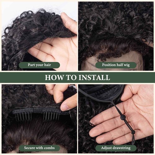 Prosa Kinky Curly Half Wig, 3-in-1 Synthetic Hair with Drawstring Headband, Clip-in Glueless Seamless Flip Over Design, Color 1B, for Women (16inch)