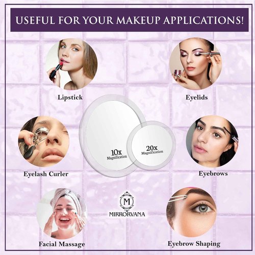 MIRRORVANA 20X & 10X Magnifying Mirror Set with 3 Suction Cups Each - Compact & Travel Ready Mirror for Makeup - Sizes: 6" and 4" Wide