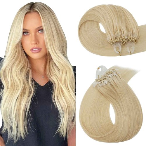 Hairro Microlink Hair Extension Remy Keratin Itip Micro Bead Fusion Hair Micro Loop Micro Link Beads Brazilian I Tipped Remy Hairpiece For Women 14 inch 50g 100 Strands #613 Light Blonde