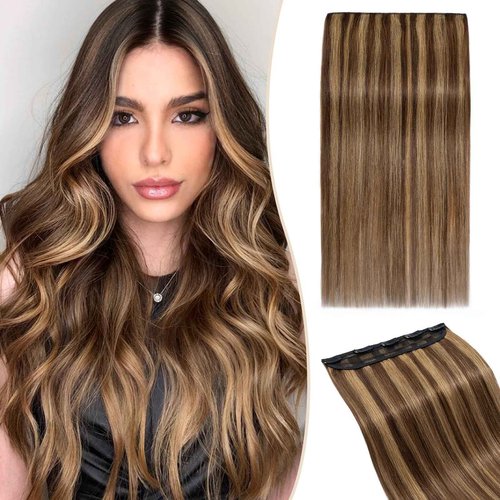 SEGO One Piece Clip in Extensions, 5 Clips Real Human Hair Extensions, Long Straight, 10 inches, #4P27 Medium Brown Mix Dark Blonde