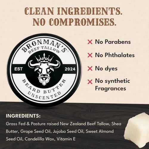 Bronmans Beef Tallow Beard Butter for Men - 4oz - Hydrating Unscented Beard and Skin Balm with Shea Butter - Deeply Moisturizing Tallow