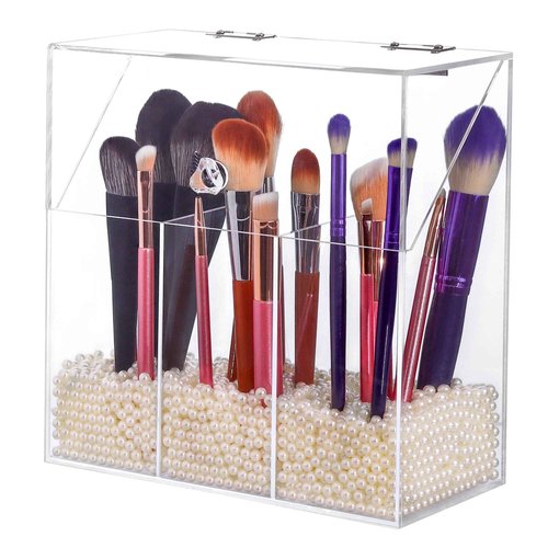 LOHRYVIO Acrylic Makeup Brush Holder with Lid - Clear Cosmetic Make up Brush Organizer and Storage Box with Dustproof Cover for Vanity - Large Capacity 3-Slots Container for Brushes (White)