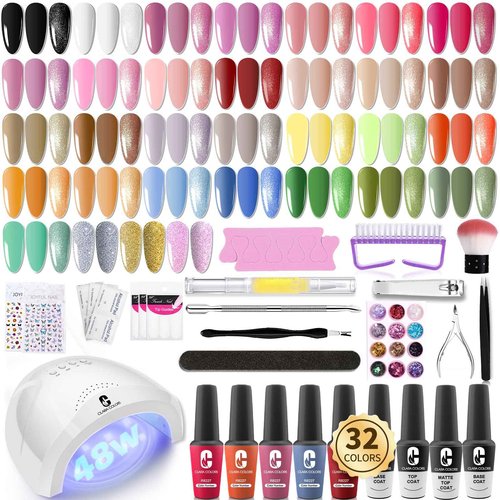 Clara Colors 32 Colors 14ml Gel Nail Polish Kit with UV Light, All In One Gel Polish Set with 48W Light Base and Matte Glossy Top Coat Essential Manicure Tools Nails Art Decorations