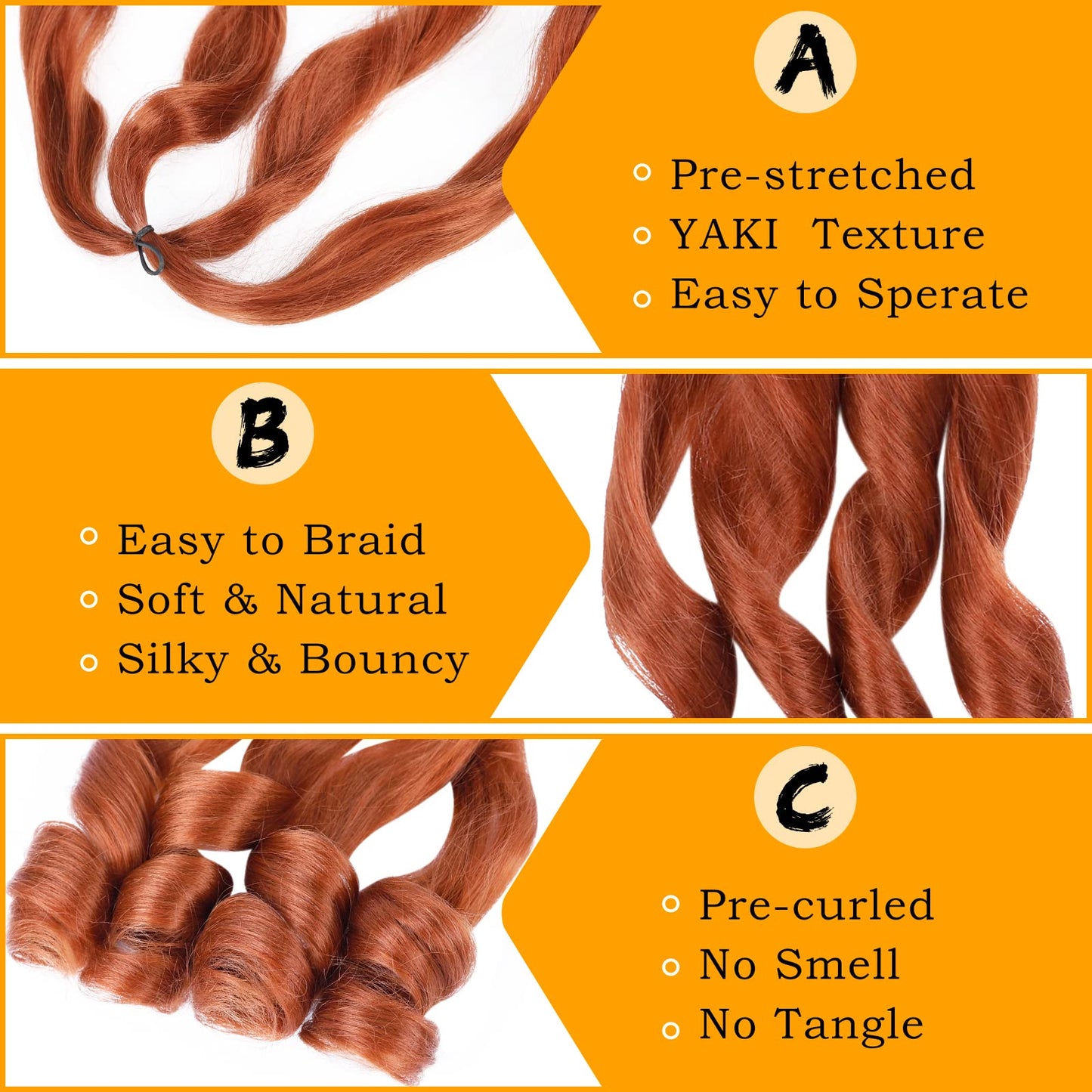 Ginger French Curly Braiding Hair 7 Packs 22 Inch Pre Stretched Ginger Braiding Hair Bouncy Loose Wave Crochet Hair for Women (7 Packs, 350#)