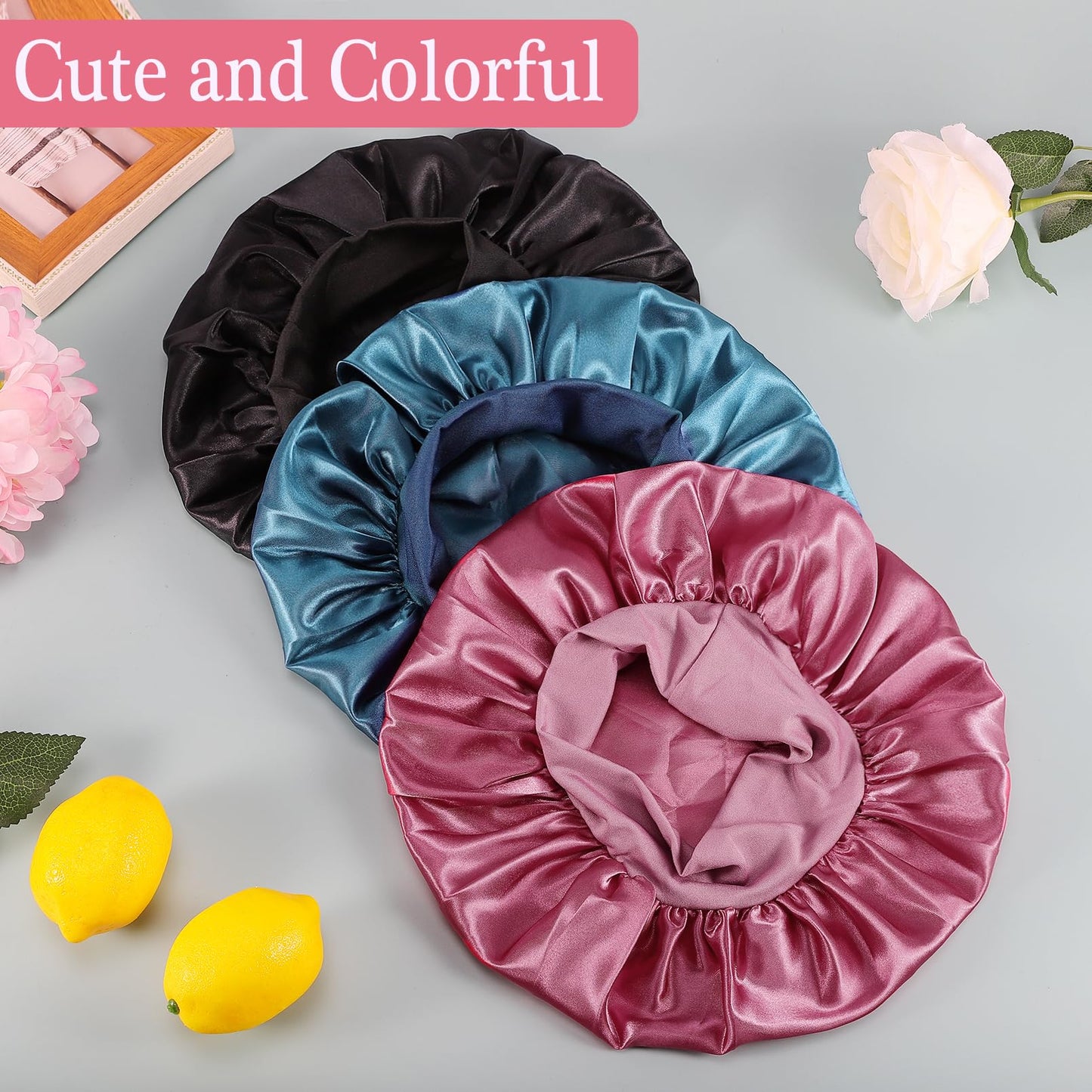 3 Pcs Bonnet for Kids, Silk Bonnet for Sleeping Kids, Baby Bonnets with Elastic Wide Band, Night Sleep Satin Caps for Toddler Child, Kids Bonnets for Girls (Black+Pink+Cyan)