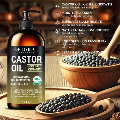 Organic Castor Oil in Glass Bottle – 16 Oz Cold Pressed & Hexane-Free – USDA Certified – Hair Growth Oil For Lashes, Brows, Skin & Scalp – with Pump