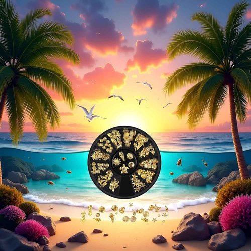 12 Styles Golds Nail Art Metal Studs Metallic 3D Pieces Rivet Palm Tree Turtles Marine Life Charms for Summer Beach Manicure DIY Acrylic Nails Design Supply Nail Art and Polish (Gold Ocean Studs)