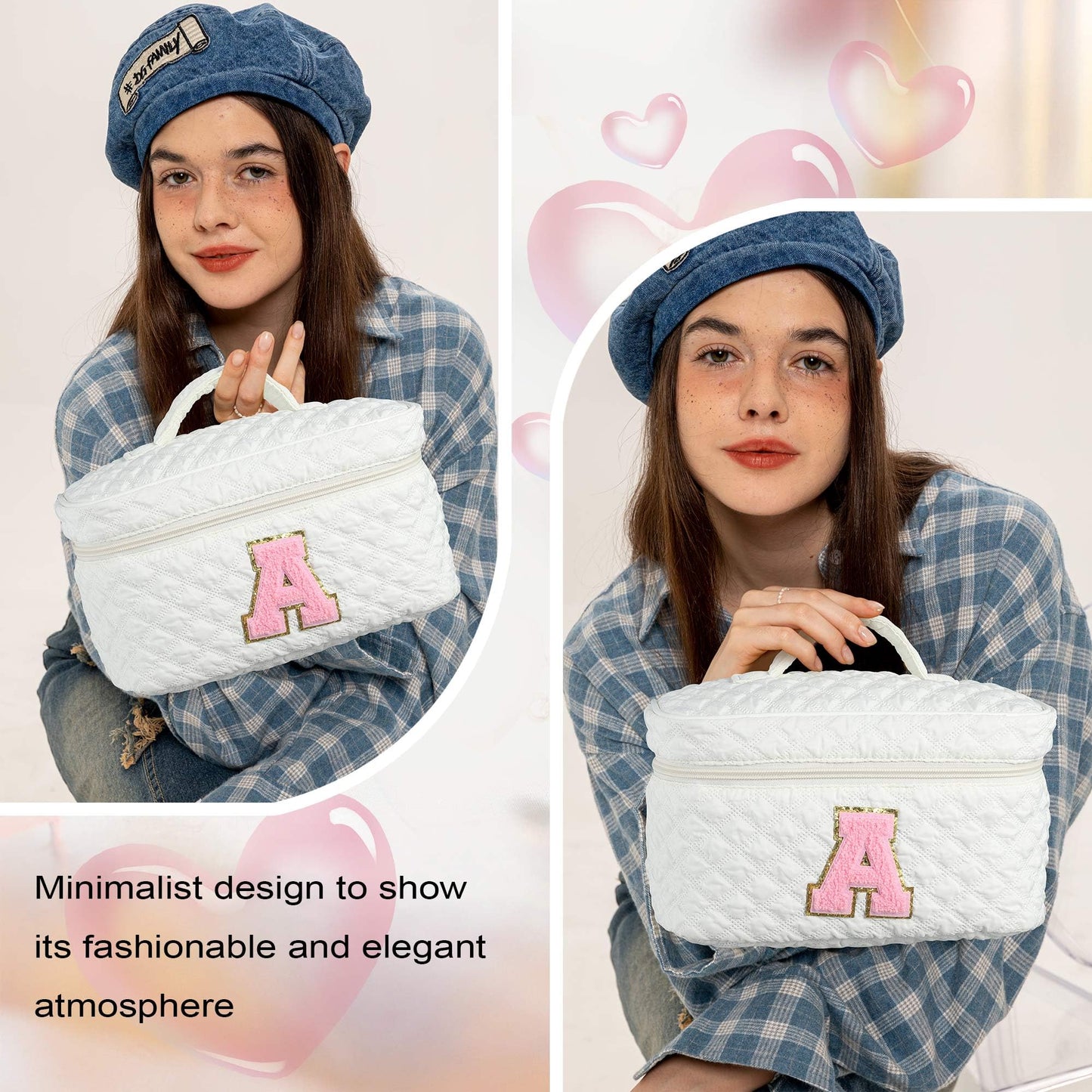 YOOLIFE Womens Travel Makeup Bag - Make Up Bag Large Cotton Cosmetic Bags for Women Teens Travel Bag Cute White Makeup Bag Unique Mom Teacher Gifts for Sister Friend Birthday Gifts for Her Letter T