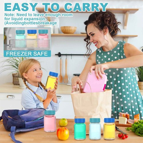 Ziliny 30 Pack 2 oz Glass Bottles with Lids Wide Mouth Juice Shot Bottles Clear Mini Round Jars Travel with Lids Small Containers for Liquids Juicing Ginger Leak Proof(Dark Blue, Light Blue)
