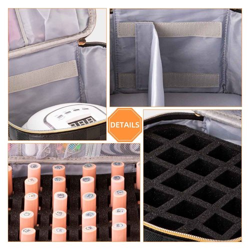 KGMCARE Portable Nail Polish Organizer Bag with UV Light Case - Holds 30 Bottles and 1 UV Nail Lamp, Double-Layers Nail Dryer Case for Gel Nail Polish Kit, Nail Art Decorations（Checkered Black）