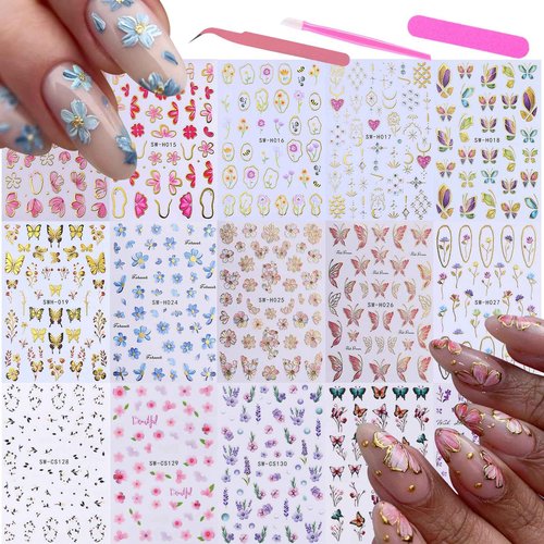 Flower Nail Art Stickers Decals 15 PCS Pink Flower Stickers for Nails with Tweezers 3D Self-Adhesive Summer Cherry Blossom Butterfly Florals Decals Tropical Nail Art Design Decoration for Women
