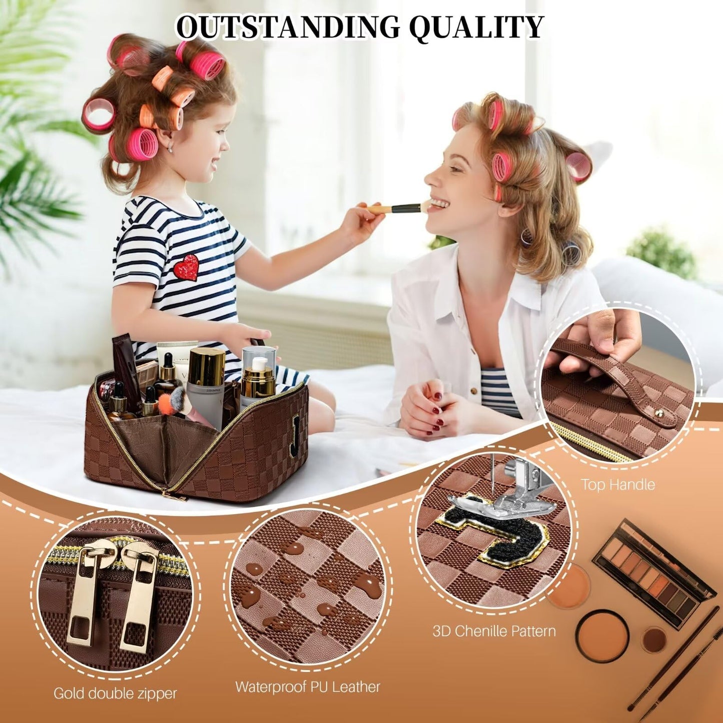 TOPEAST Makeup Bag Gift for Women Girls, Personalized Checkered Cosmetic Bag Initial Make Up Bags Pouch Open Flat Waterproof Leather Toiletry Bag Organizer with Strap Divider-Brown, A