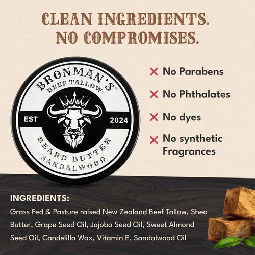 Bronmans Beef Tallow Beard Butter for Men - 4oz - Hydrating Sandalwood Beard and Skin Balm with Shea Butter - Deeply Moisturizing Tallow
