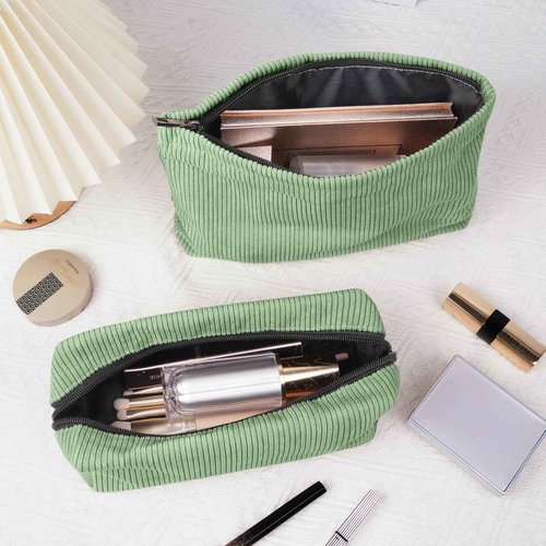 MAGEFY Makeup Bag 2 PCS Corduroy Make up Bag for Purse Travel Cosmetic Bag for Women Small Makeup Pouch Cute Makeup Brush Bag Preppy Stuff Travel Essentials - Green