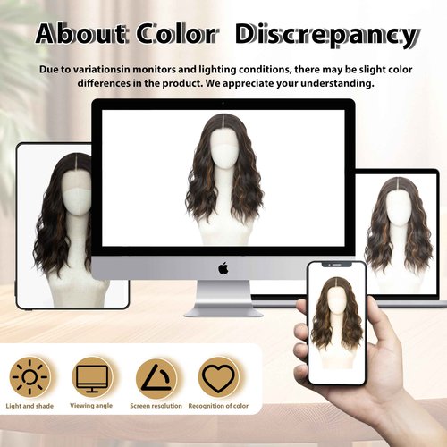 BUPPLER Wig 18 Inch Medium Length Wigs for Women Middle Part Synthetic Hair Wavy Wig with Upgraded Elastic Straps,Natural Hair Wigs for Daily Party/Halloween Use 18Inch,Brown Highlight Lace Hairline