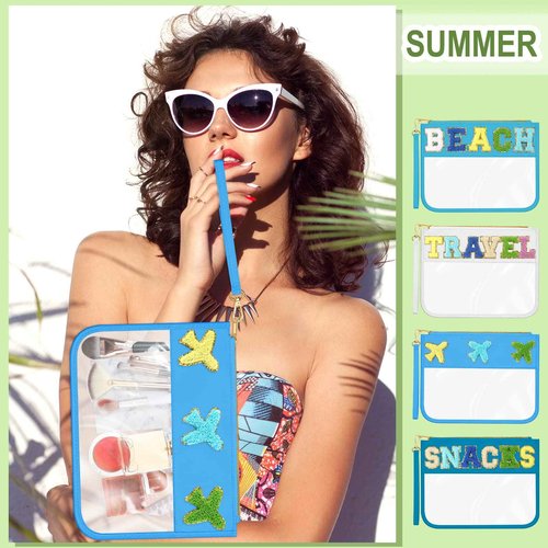 Remerry 4 Pack Clear Chenille Letter Bag Monogram Cosmetic Makeup Bag Travel Snack Beach Stuff Patch Pouch Preppy Accessories for Women Girls(Blue Green Series, Stylish)