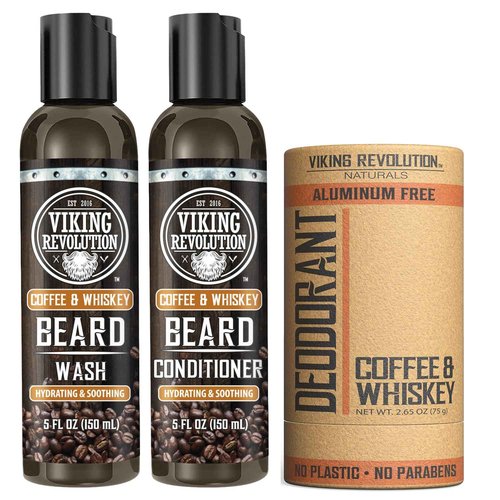 Viking Revolution Beard Wash and Beard Conditioner for Men + Coffee-Whiskey Deodorant for Men - With Argan Oil and Jojoba Oil, Beard Softener and Strengthener Beard Care - Deodorant Men Aluminum Free